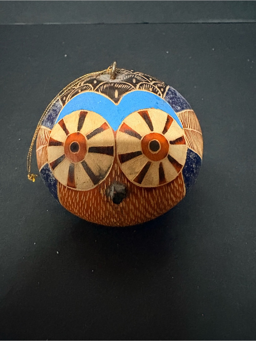 Handcrafted Owl Ornament gourd in Blue and Brown - Decorative Home Accent